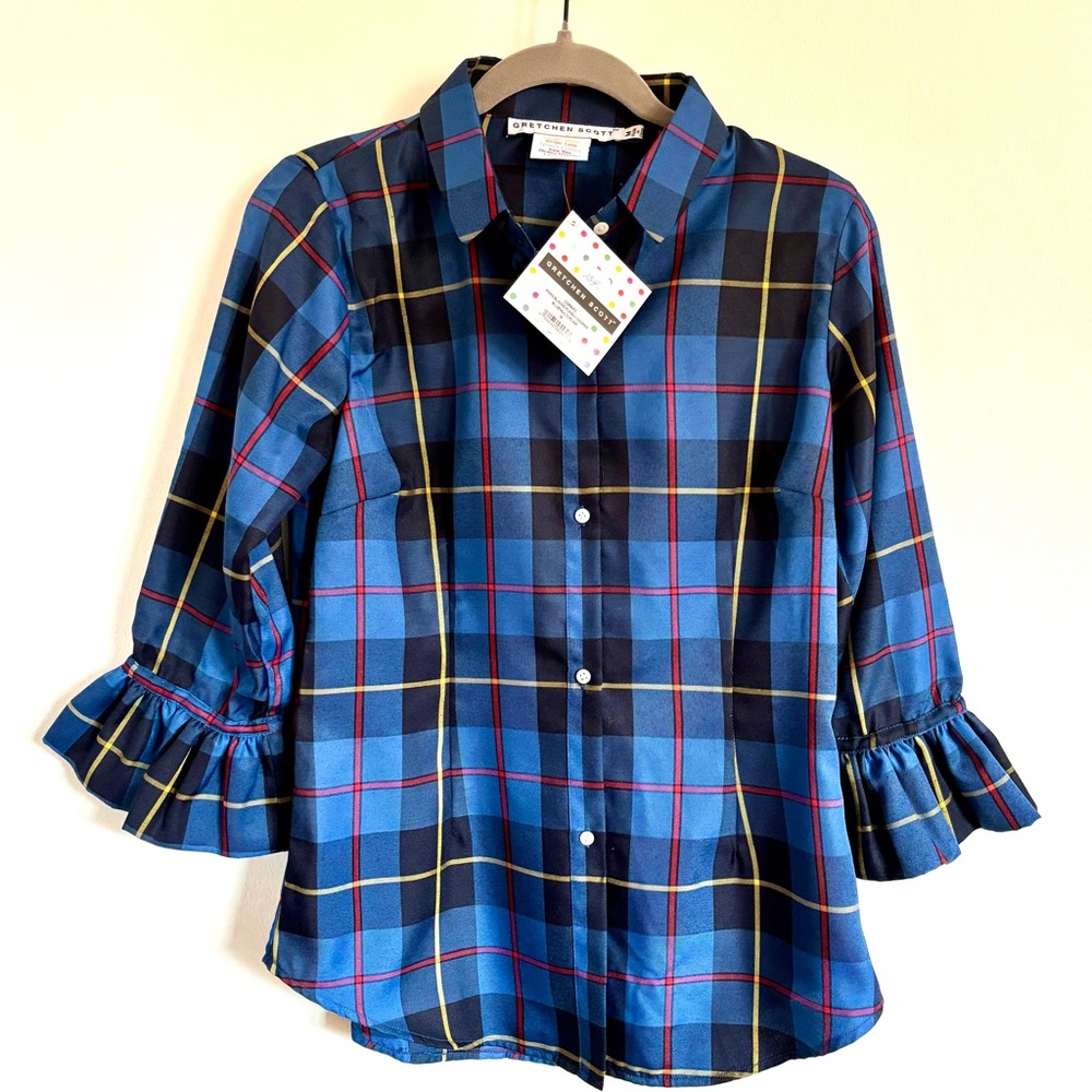 Gretchen Scott Designs Blue Plaid Ruffle-Cuff Button-Down Shirt